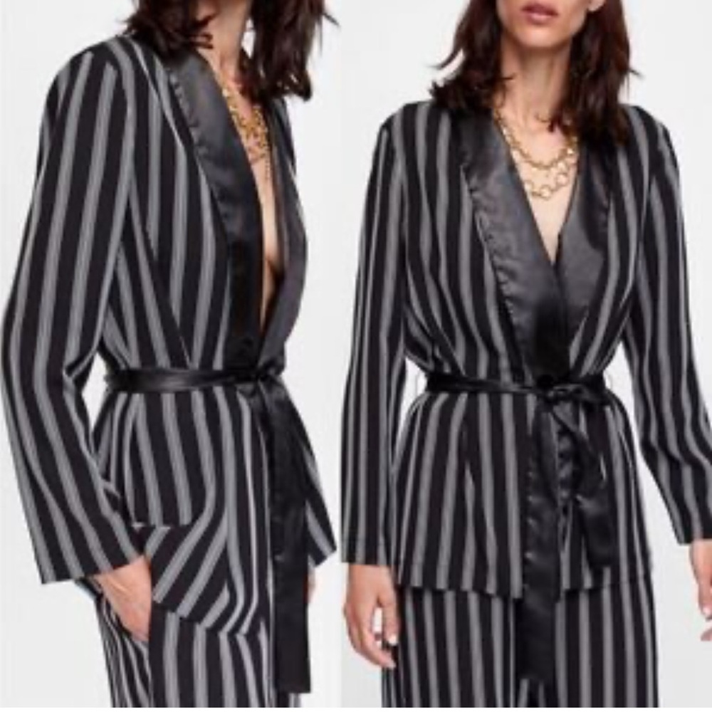 Zara Striped black & White Satin Kimono Top Medium